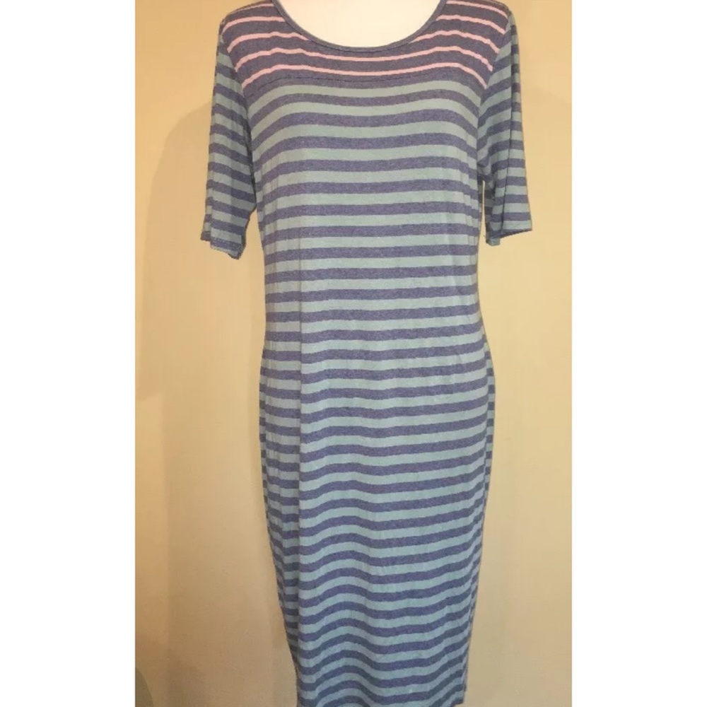 Lularoe Julia Striped Dress Blue Aqua Pink XL